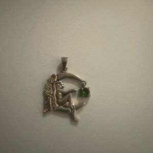 Whimsical Fairy Moon Pendant with Green Stone